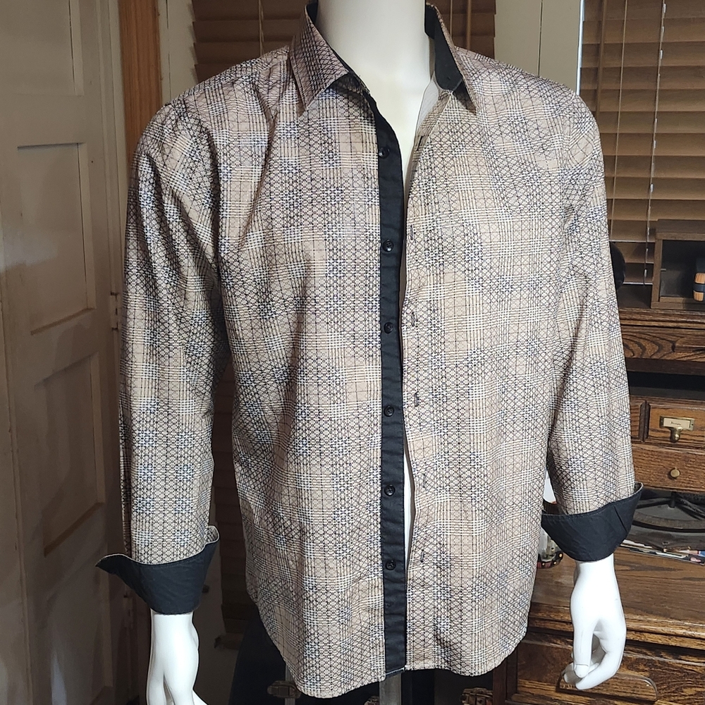 Pavini Designer Multi-Pattern Long Sleeve Dress Shirt with Gold Inlay Mens L